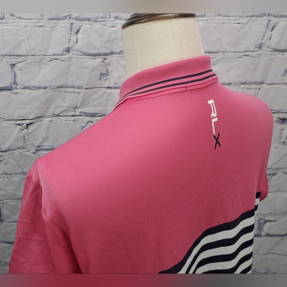 RLX Ralph Lauren Men's Golf Polo Shirt Logo Pink Navy Striped Large - Picture 10 of 14